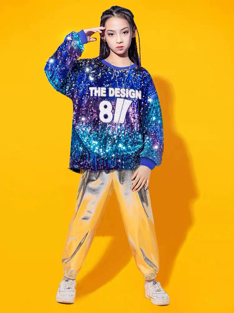 Children's Silver Blue Sequins Hip Hop Jazz Dance Costumes Boys Girls Street Dance Clothing Gogo Dancers Stage Performance Outfits for Kids - Moderndancedress.com