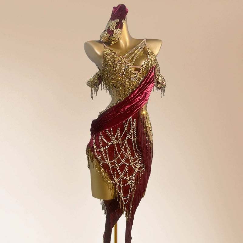 Custom Size Dark Green Competition Latin Dance Dresses for Women Girls Salsa Rumba Gold Chain Art Exam Dance Wear