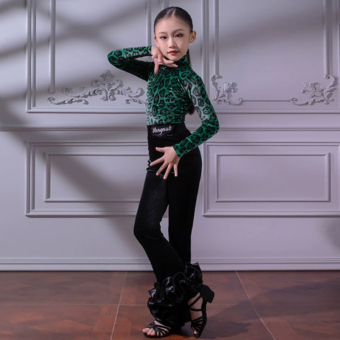 Children's Green Red Leopard Velvet Latin Dance Dresses for Girls Juvenile Salsa Rumba Chacha Ballroom Dancing Costumes for Kids