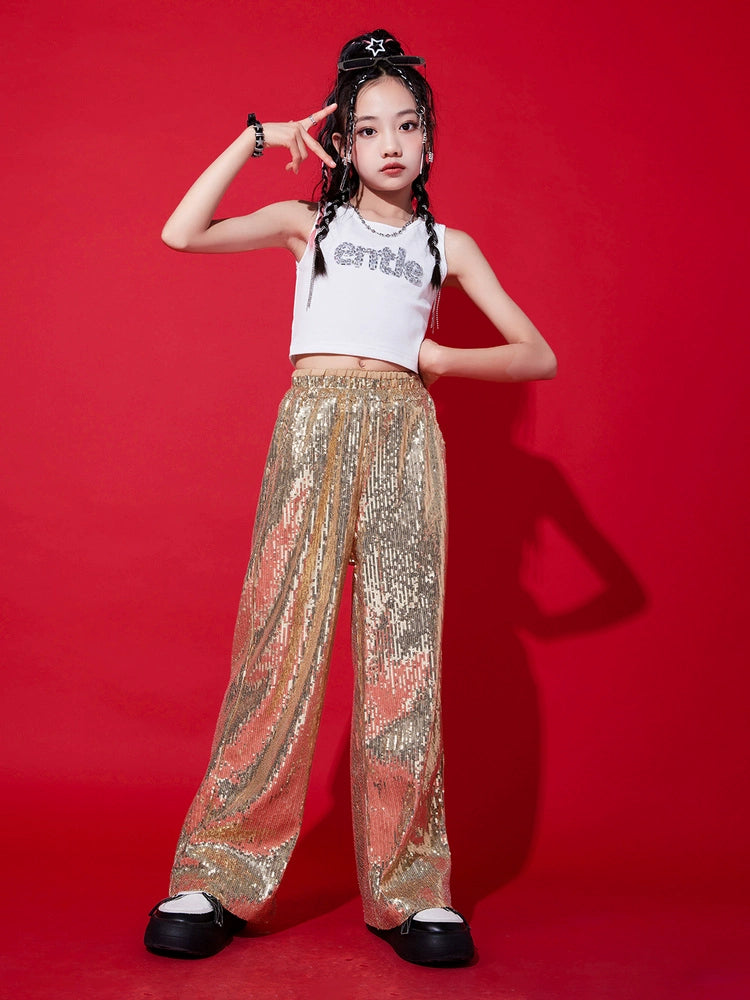 Girls Gold Sequin Jazz Dancing Costumes Gogo Dancers Hip Hop Rapper Singers Street Clothes Children's Model Show Wear - Moderndancedress.com