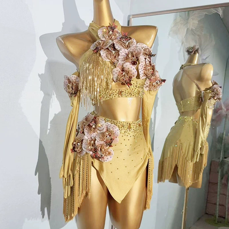 Custom Size Gold Flowers Latin Dance Dresses for Women Girls Salsa Rumba Chacha Solo Competition Costumes
