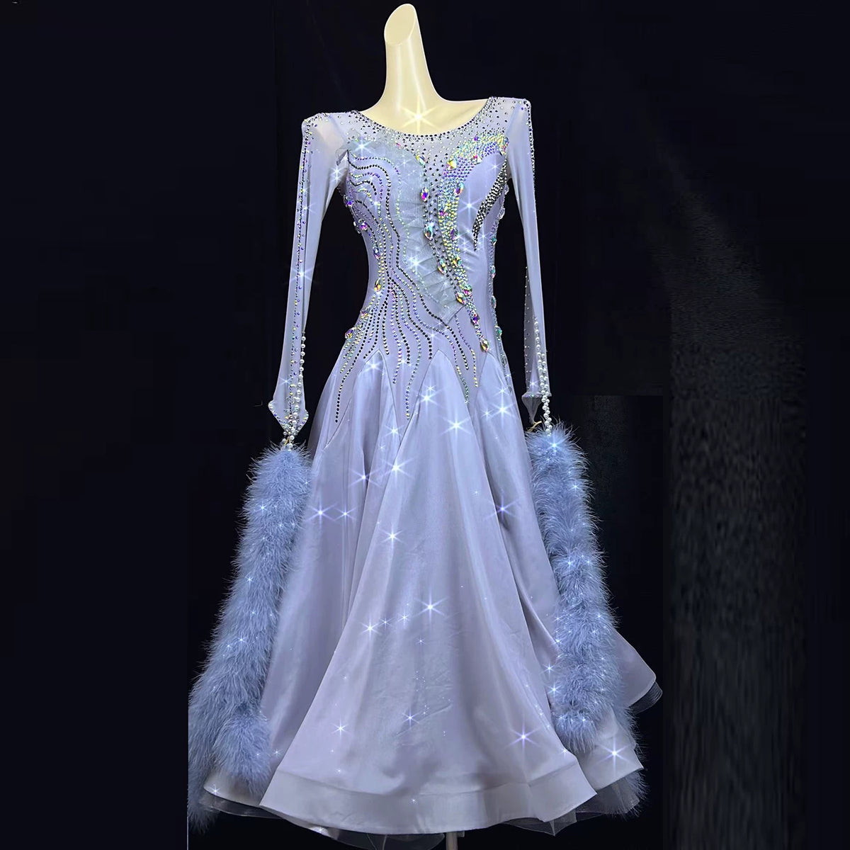 Customized Competition Ballroom Dance Dress Purple Crystal Waltz Rhythm Performance Long Gown