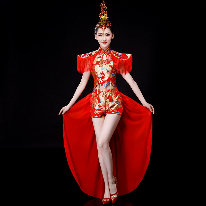 Jazz Dance Costumes Drum costume performance dress Chinese fans waist drum Dress Adult cheongsam modern dance performance dress - 