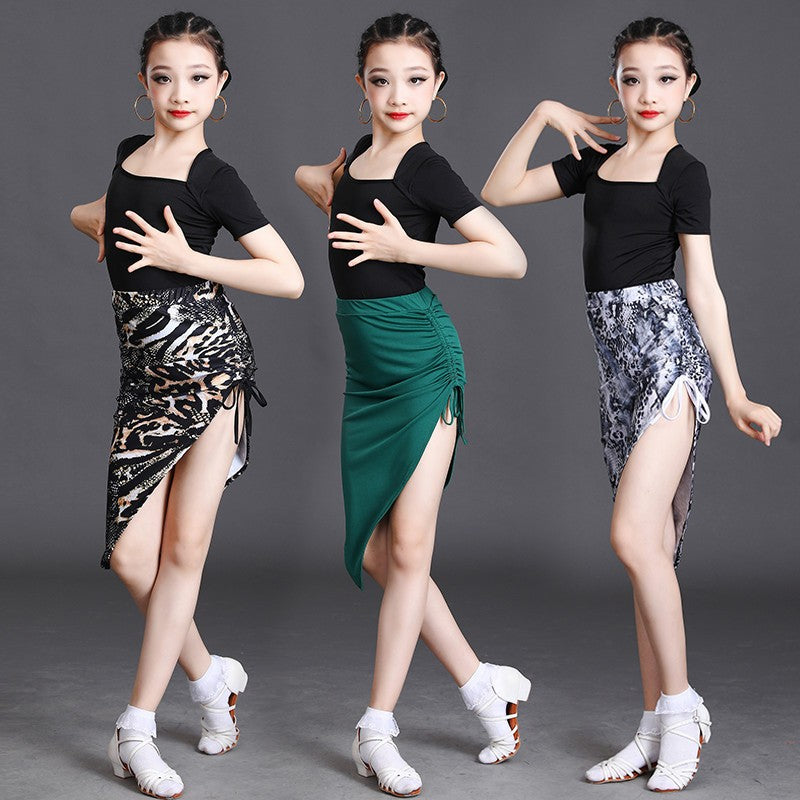 Girls children dark green tiger snake pattern latin dance dresses modern dance salsa rumba ballroom latin dance costumes irregular skirts for kids stage performance dance wear - Moderndancedress.com