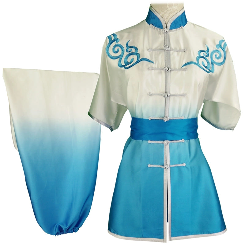Chinese Martial Arts Clothes Kungfu Clothe Wushu Competition Performing Colorful Clothes, Embroidery Cloud Lake Blue Male and Female Adults