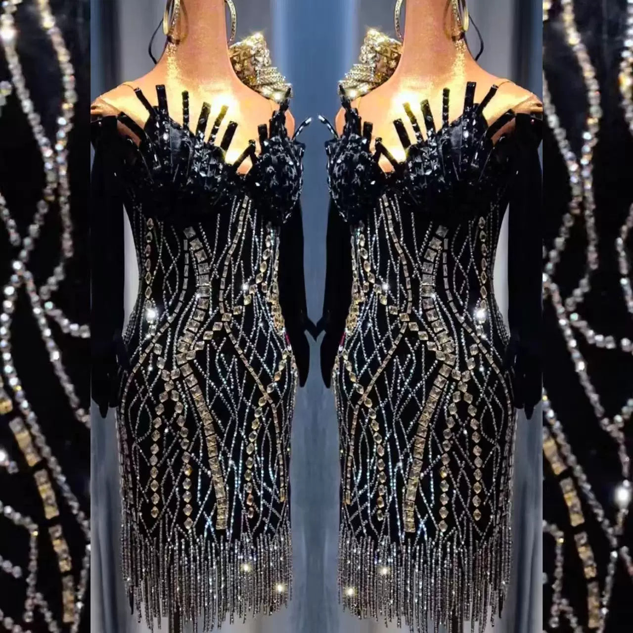 Custom Black & Silver Velvet Latin Competition Dress - Crystal Rhythm Gown