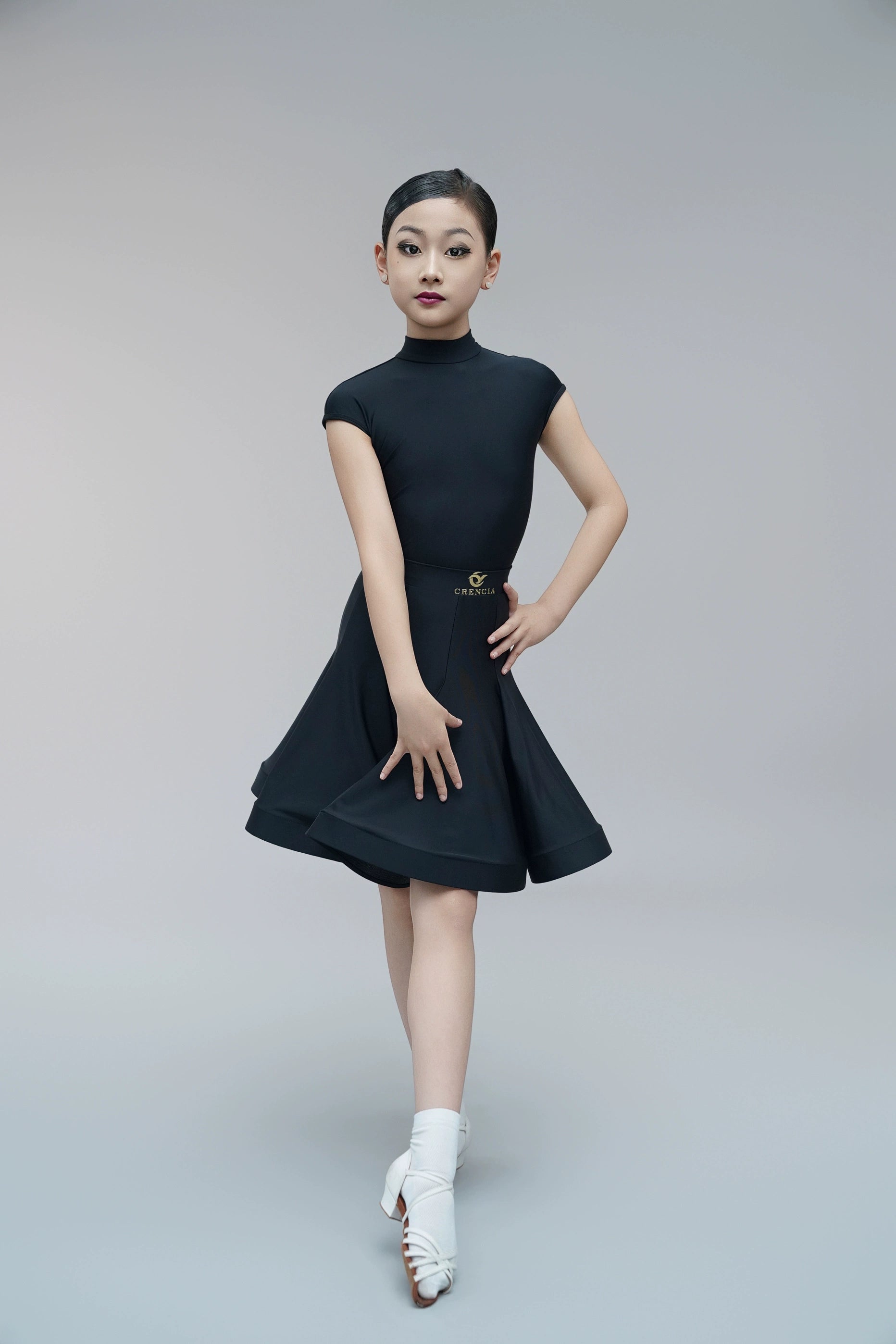 Children's Latin dance dresses for girls kids blue purple white turtleneck latin ballroom salsa competition outfits short sleeve fishbone skirt - Moderndancedress.com