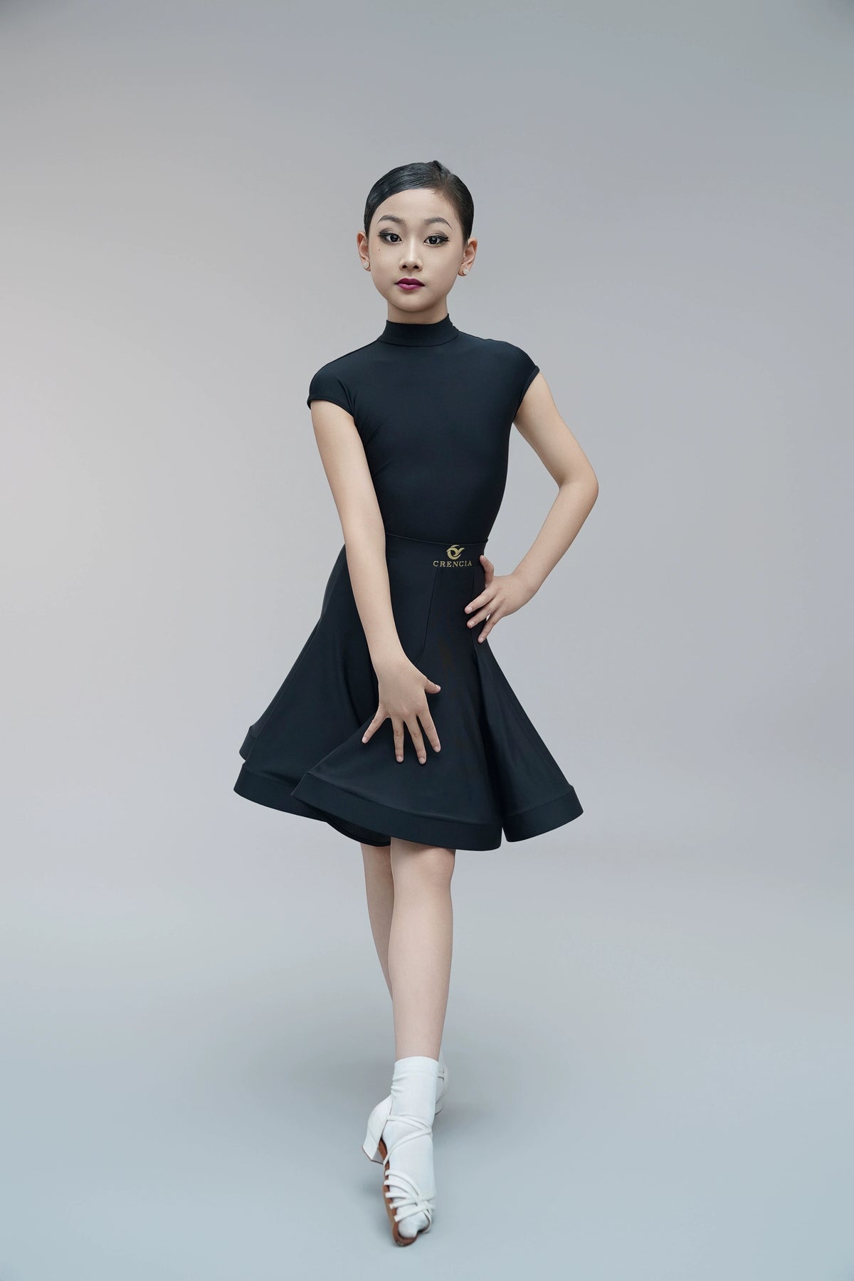 Children's Latin dance dresses for girls kids blue purple white turtleneck latin ballroom salsa competition outfits short sleeve fishbone skirt - Moderndancedress.com