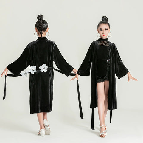 Girls kids leopard black velvet Latin dance robe for children ballroom salsa rumba practice dancing catwalk performance outwear long coat