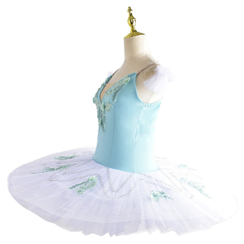 girls Green embroidered ballet Tutu skirt ballerina ballet dance dress swan lake stage performance flat pancake tutu for kids