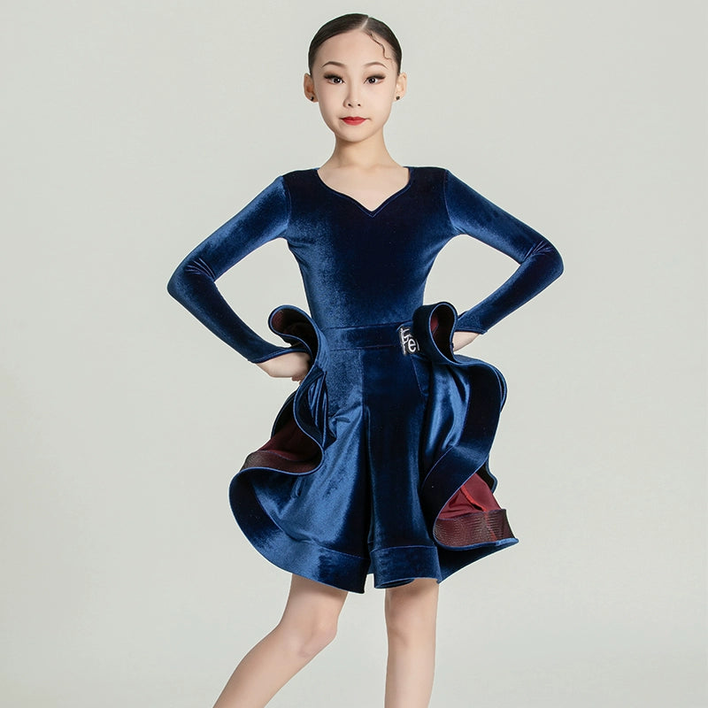 Girls Purple wine velvet ballroom Latin Dance Competition dresses kids International Dance salsa rumba chacha performance skrirts - Moderndancedress.com