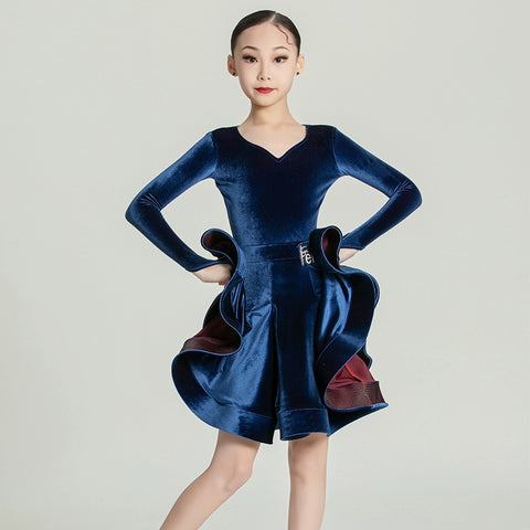 Girls Purple wine velvet ballroom Latin Dance Competition dresses kids International Dance salsa rumba chacha performance skrirts - Moderndancedress.com