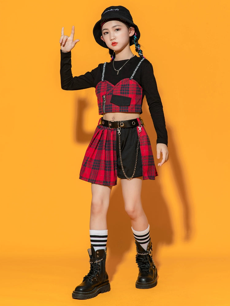 Girls Jazz Costume Hip Hop Street Dance outfits children gogo dancers British style plaid  Cheerleading Show clothes for kids - Moderndancedress.com
