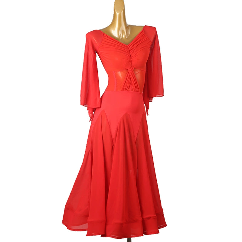 Red Ballroom Dance Dresses for Women Girls Modern Flare Sleeves Waltz Tango Foxtrot Smooth Dance Long Gown Flamenco Dancing Clothes - Moderndancedress.com