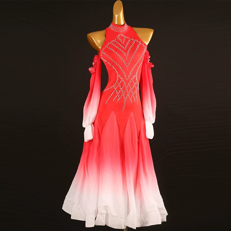 Red Gradient Rhinestones Competition Ballroom Dance Dresses for Women Girls Hollow Shoulder Waltz Tango  Performance Gown for Female - Moderndancedress.com