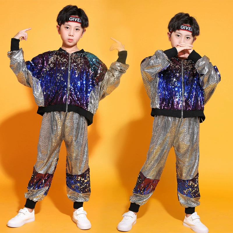 Children's Hip Hop jazz street costumes for girls Boys gogo dancers rapper singers Sequins Drum performance outfits for kids - Moderndancedress.com
