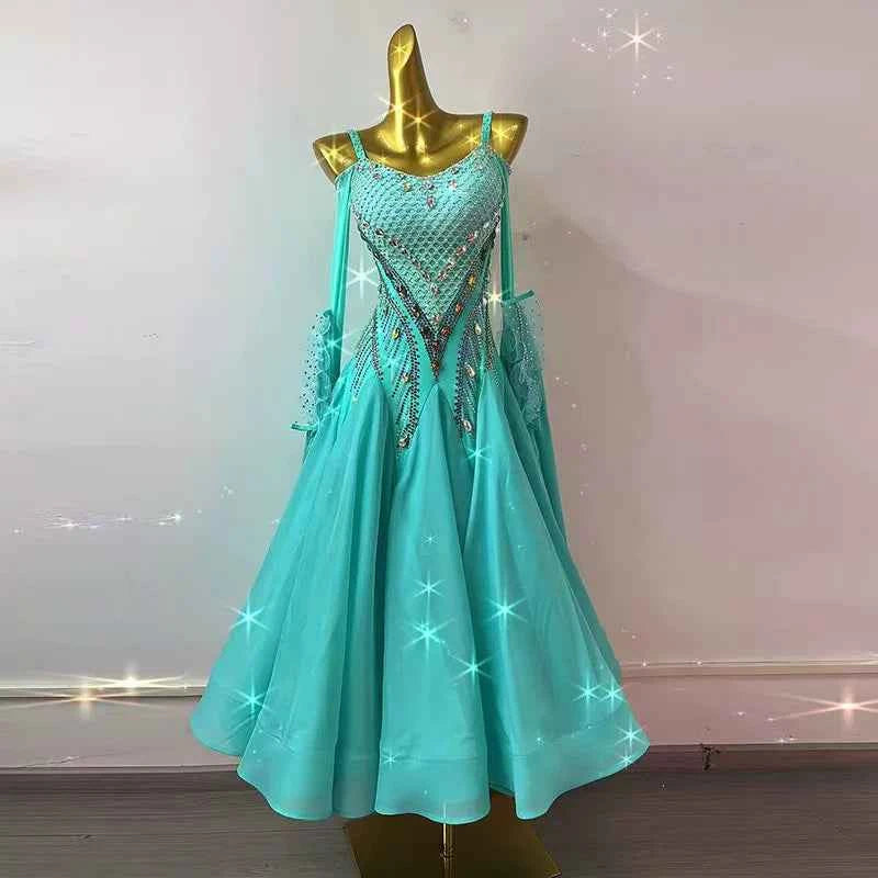 Custom Size Competition Ballroom Dance Dresses for Women Girls Turquoise Bling Waltz Tango Foxtrot Dance Long Gown