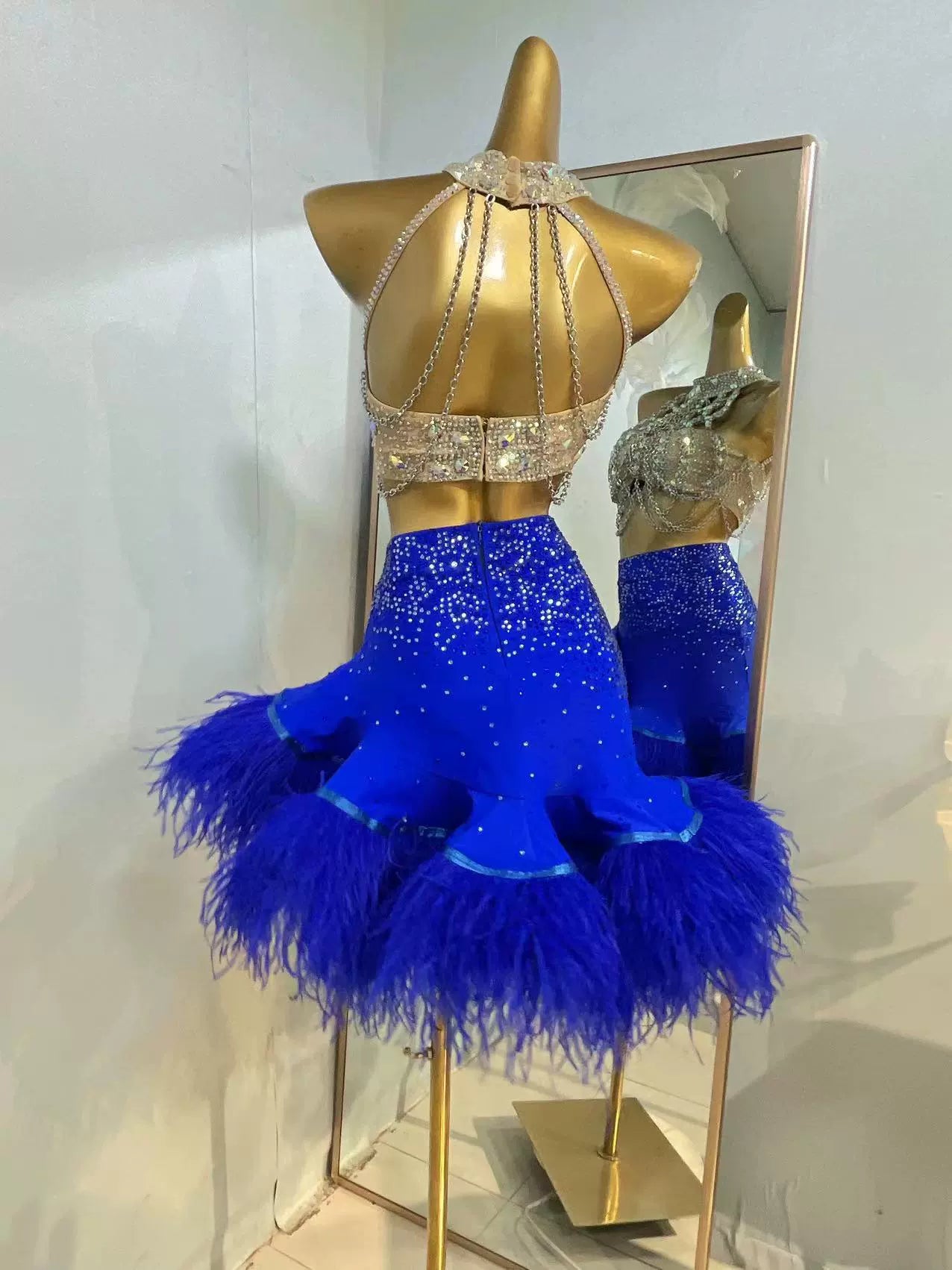Custom Size Competition Blue Pink Feather Latin Dance Dresses for Women Girls Salsa Rumba Chacha Dance Wear - Moderndancedress.com