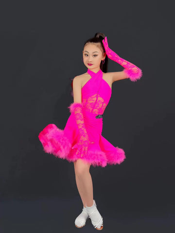 pink white blue feather competition Latin professional dance dresses for kids girls ballroom salsa rumba chacha performance clothes - Moderndancedress.com