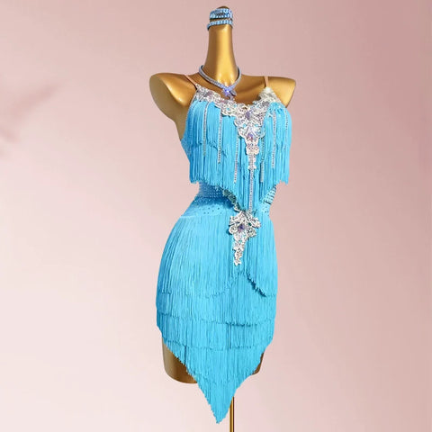 Customized size Yellow blue pink tassels Latin dance competition dressses  for adult kids professional solo flower dance bling clothes - Moderndancedress.com