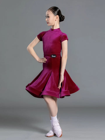 Latin Dance Competition dresses for kids girls wine green Short Sleeves Standard ballroom latin Competition Suit