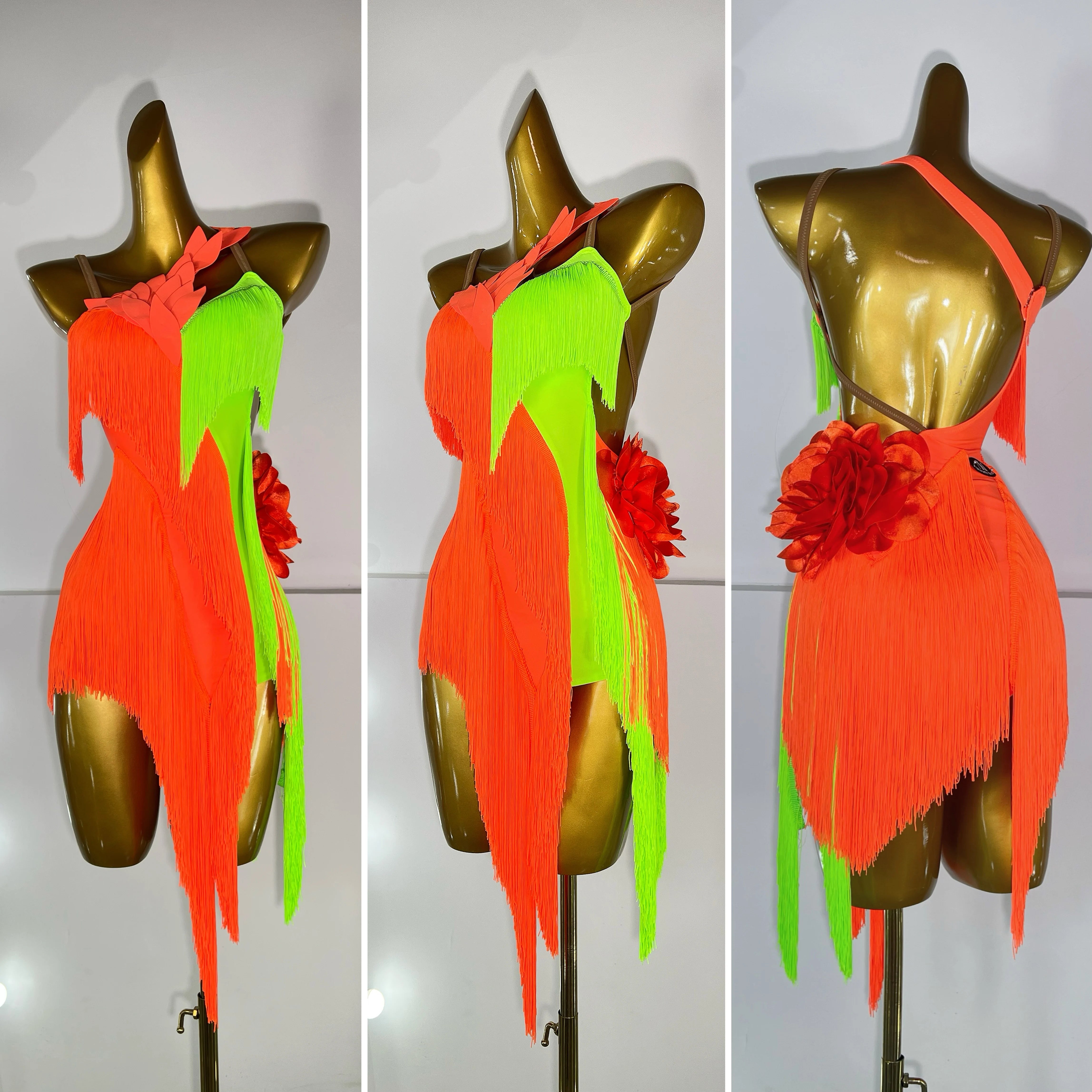 Custom Size Orange Fringe Latin Dress for Women Green One Shoulder Salsa Costumes