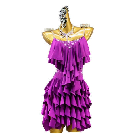 Custom Size Purple Ruffles Fringe Latin Dance Competition Dresses for Women Girls Kids Salsa Rumba Jive Dance Costumes Stage Performance Clothes