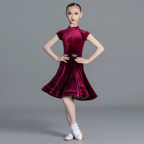 Latin Dance Competition dresses for kids girls wine green Short Sleeves Standard ballroom latin Competition Suit