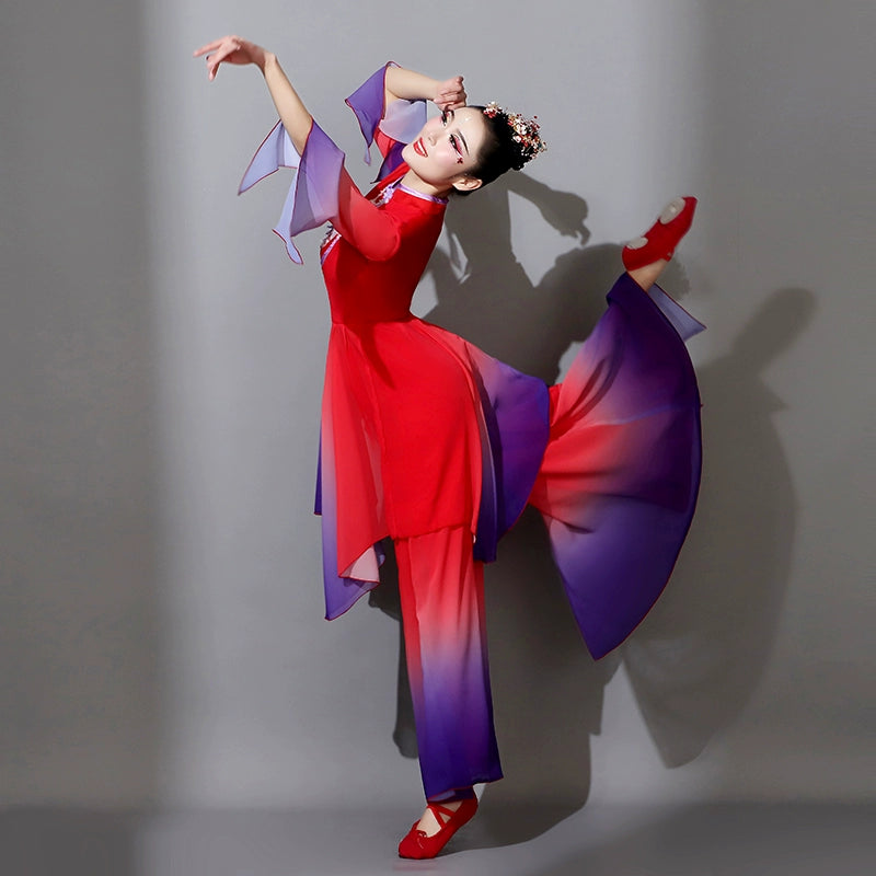 Red violet chinese folk dance costumes for women girls Jiaozhou Yangge umbrella dance dresses classical  fan dance suit - Moderndancedress.com