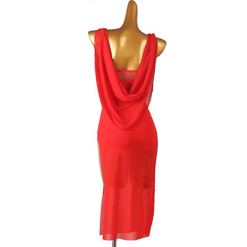 Red Blue White Flowy Latin Dance Dresses for Women Girls Slant Neck Salsa Rumba Chacha Jive Dance Long Skirt