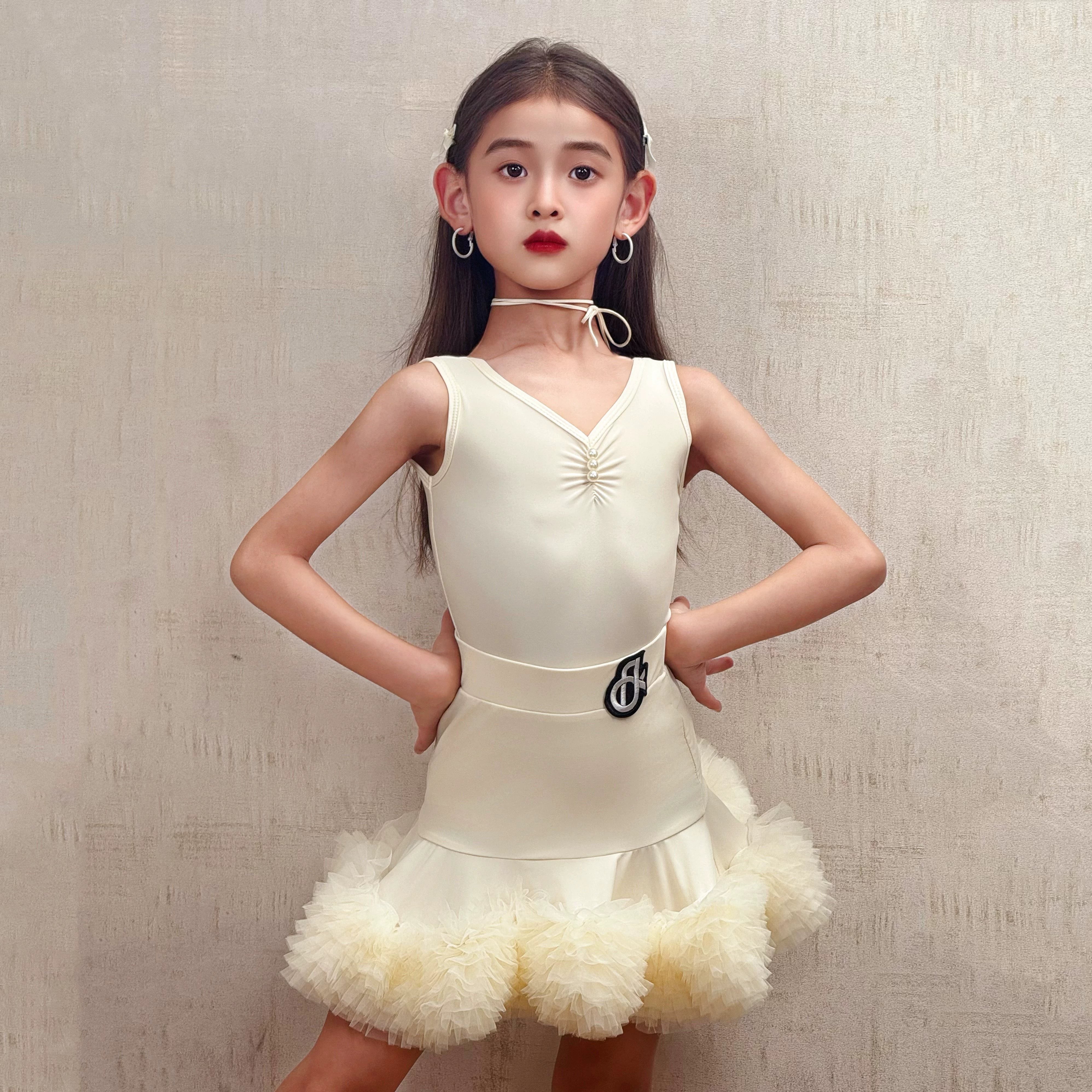 Yellow Girls Latin Dance Dresses Kids White Purple Ruffless Salsa Rumba Chacha Dance Costumes - Moderndancedress.com