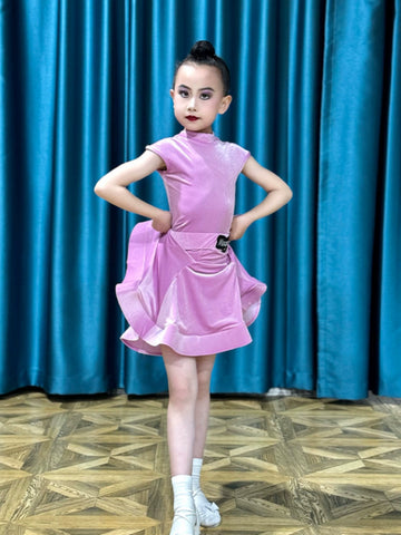 Children girls Latin dance dresses pink purple short-sleeved  ultra-thin velvet test competition ballroom latin salsa performance clothing - Moderndancedress.com