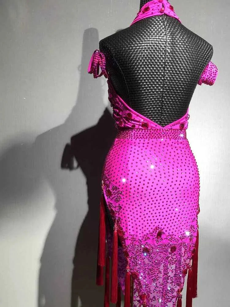Custom Hot Pink Latin Dance Dress with Rhinestones & Fringe Blue Ballroom Competition Outfit