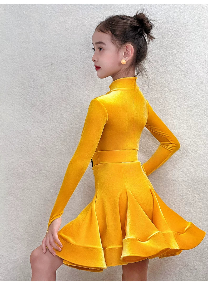 Girls' Neon Yellow Velvet Latin Dance Dress - Kids' Long Sleeve Rumba & Cha-Cha Costume