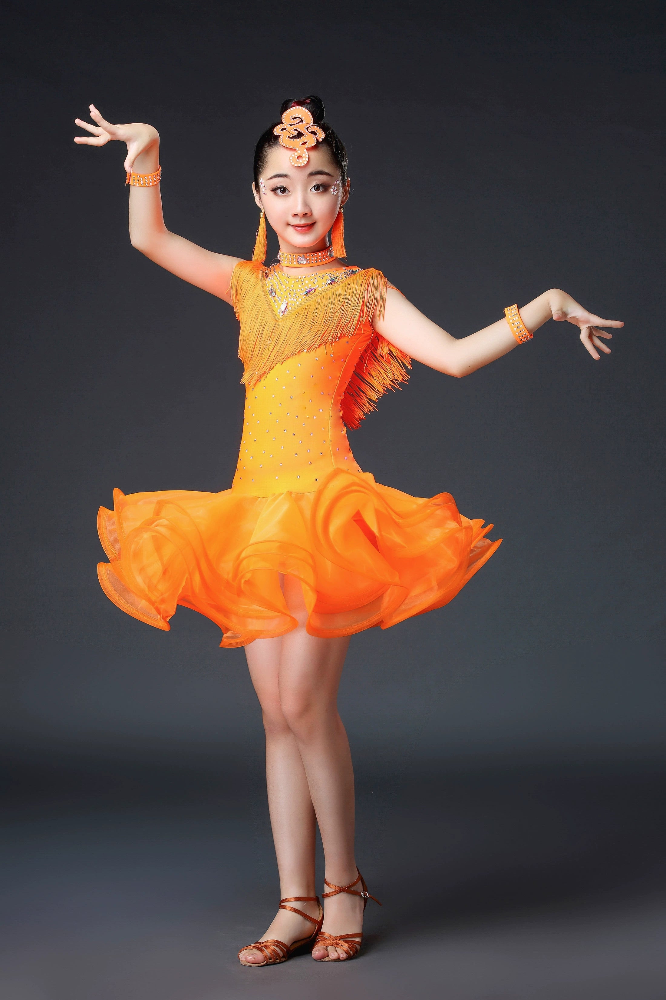 Kids Girls Competition Tassel Latin Dance Dresses Orange Red White Green Salsa Chacha Latin Party Performance Costume - Moderndancedress.com