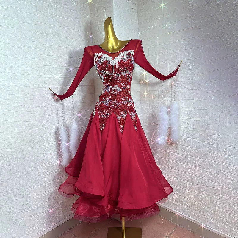 Custom Crystal Burgundy Ballroom Dance Dress with White Feather Floats Foxtrot Waltz Dance Gown