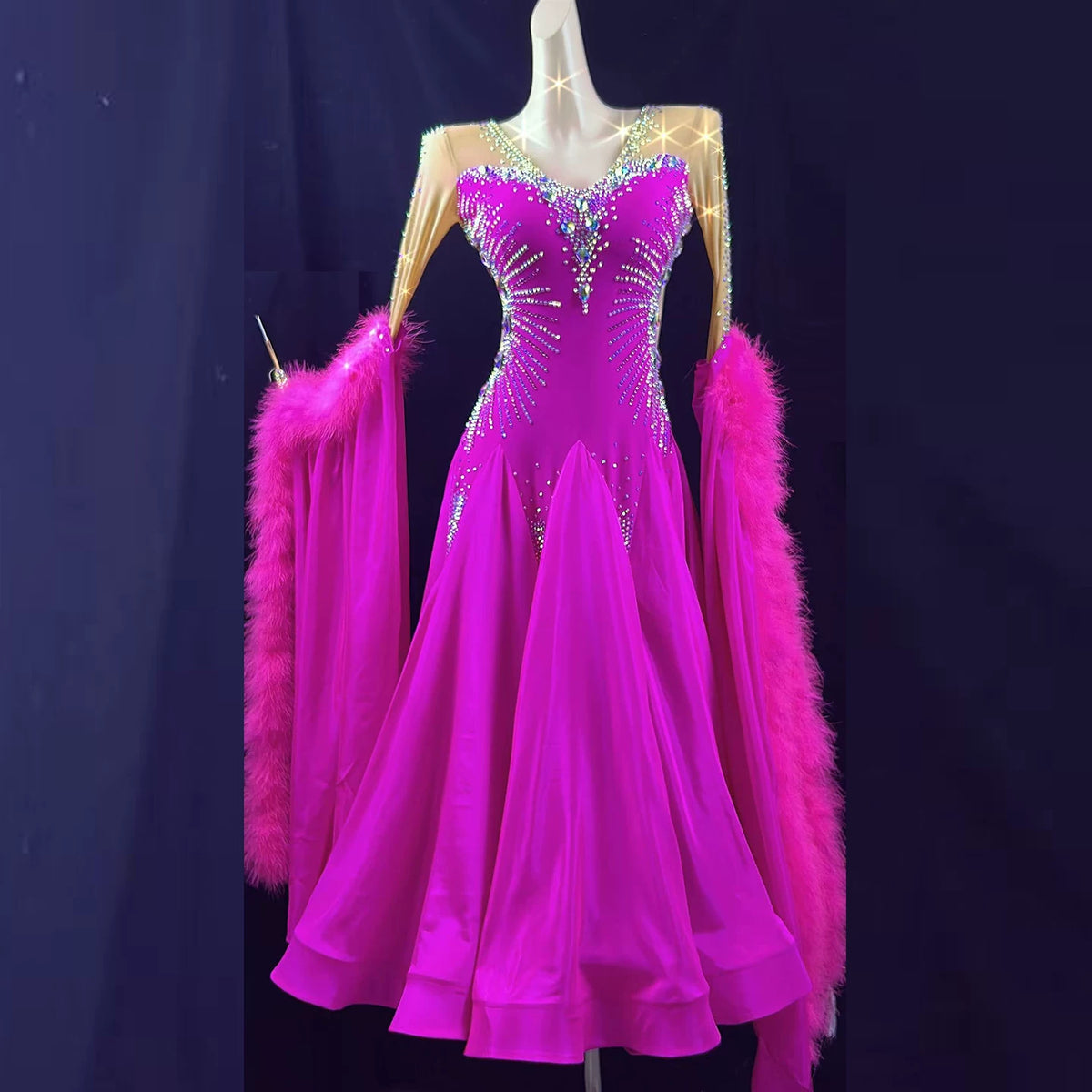 Custom Fuchsia Competition Ballroom Dance Dress Waltz Tango Gown with Feather Float