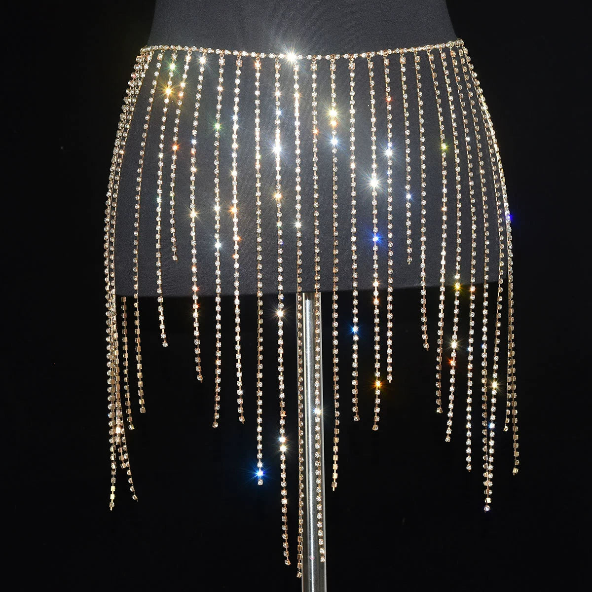 Women girls latin jazz rave dance Rhinestone tassel waist chain hollow bling hot pole dance tassel skirt belly dance body chain belts - Moderndancedress.com