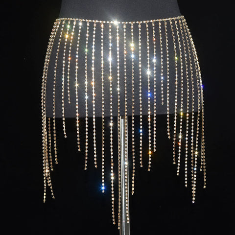Women girls latin jazz rave dance Rhinestone tassel waist chain hollow bling hot pole dance tassel skirt belly dance body chain belts - Moderndancedress.com