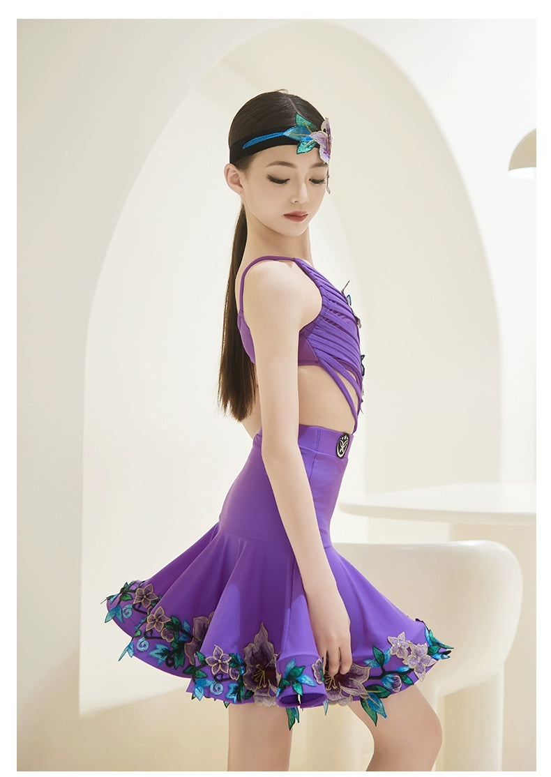 Purple embroidered flowers competition lain ballroom dance dresses for kids Girls salsa rumba ballroom performance outfits - Moderndancedress.com