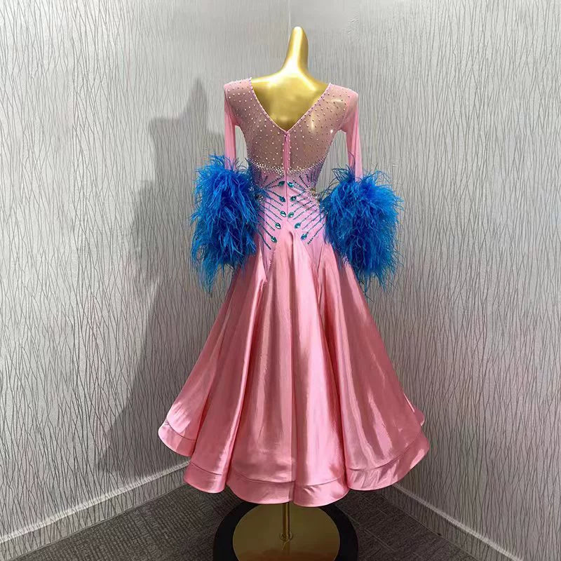 Custom Size Competition Ballroom Dance Dresses Pink Blue Ostrich Hair National Standard Waltz Tango Dance Long Gown