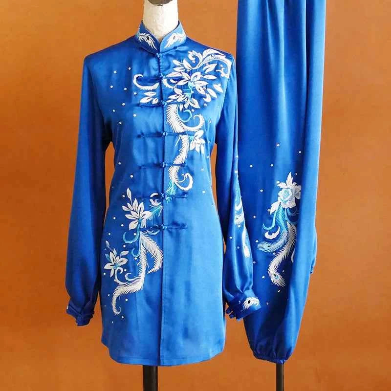 Custom Size Tai Chi Clothing Purple Blue Embroidered Flowers Wushu Martial Arts Competition Uniforms Baduanjin Clothes