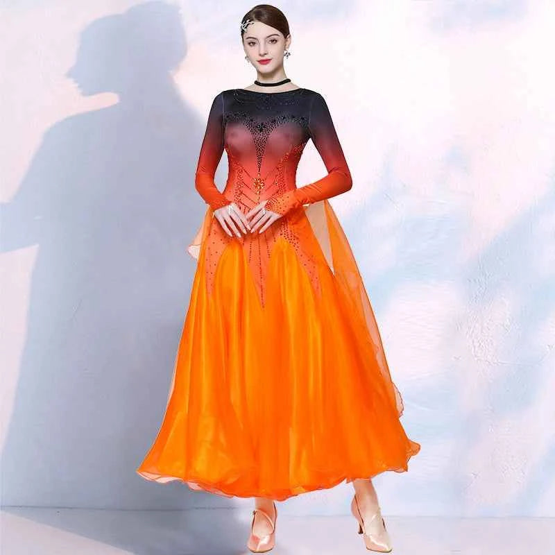 Orange Gradient Ballroom Dance Dresses for Women Girls Blue Violet Foxtrot Rhythm Waltz Tango Dancing Gown