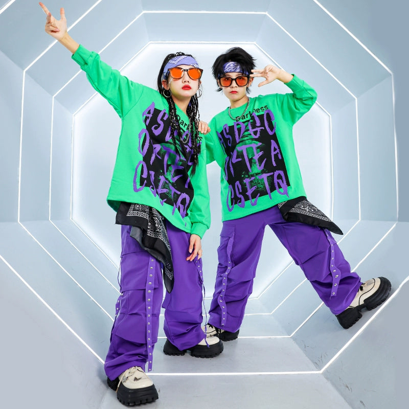 Children's Purple Green Hip-hop Jazz Dance Street Costumes for Girls Boys Rapper Singers Gogo Dancers Dance Clothing Party Model Show Outfits - Moderndancedress.com