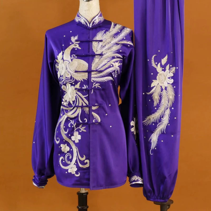 Custom Size Tai Chi Clothing Dark Green Embroidered Phoenix Wushu Martial Arts Kunfu Group Performance Uniforms - Moderndancedress.com