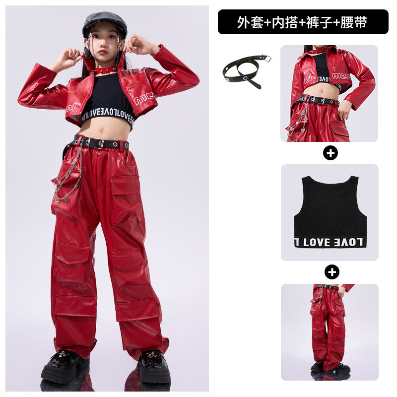 Girls Hiphop Dance Costumes for Kids Children Red Pu Leather Punk Rock Jazz Dance Wear Model Show Street Catwalk Dance Outfits