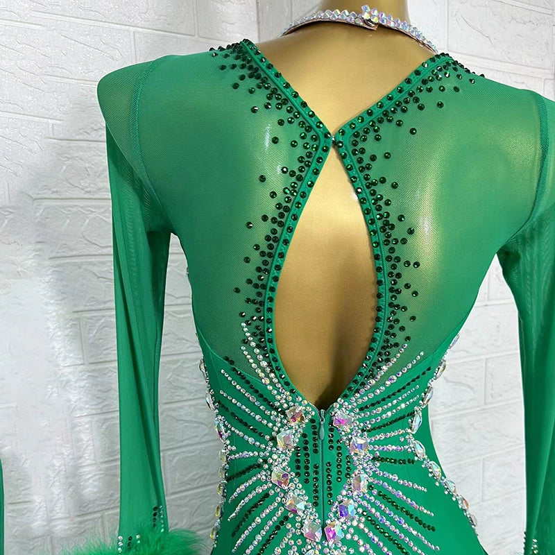 Custom Size Green Pearl Satin  Competition Ballroom Dance Dresses for Women Girls Waltz Tango Smooth Dance Long Gown - Moderndancedress.com