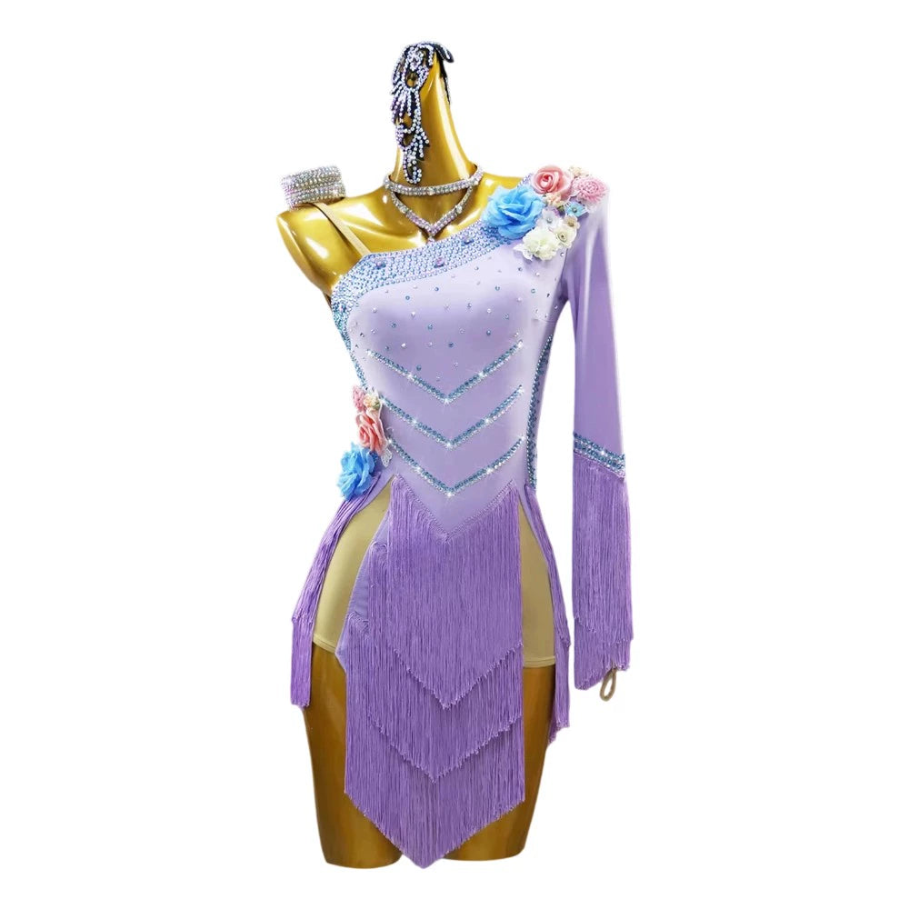 Lavender Flowers Latin Dance Dresses for Women Girls Salsa Rumba One Shoulder Fringe Latin Costumes