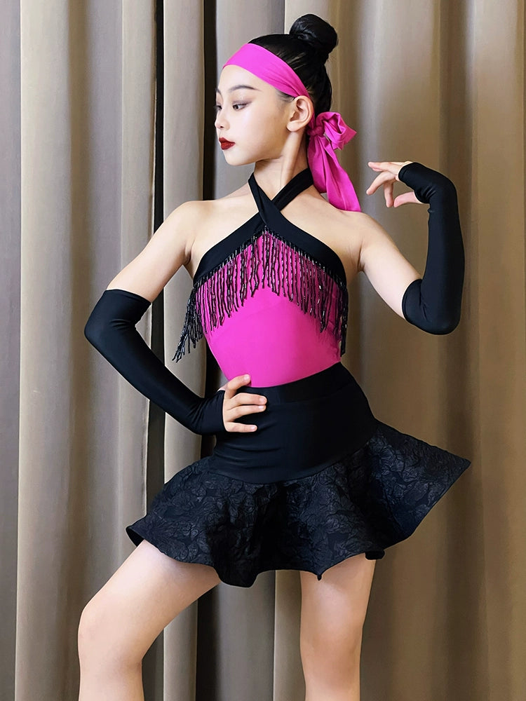 Black with fuchsia fringe Latin dance dresses for kids girls salsa ballroom latin dance practice suit - Moderndancedress.com