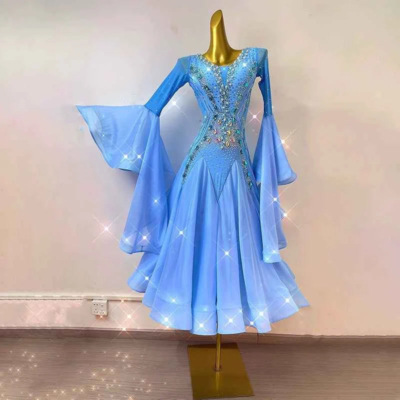 Custom Size Competition Ballroom Dance Dresses for Women Girls Blue Waltz Tango Rhythm Dance Long Swing Skirts